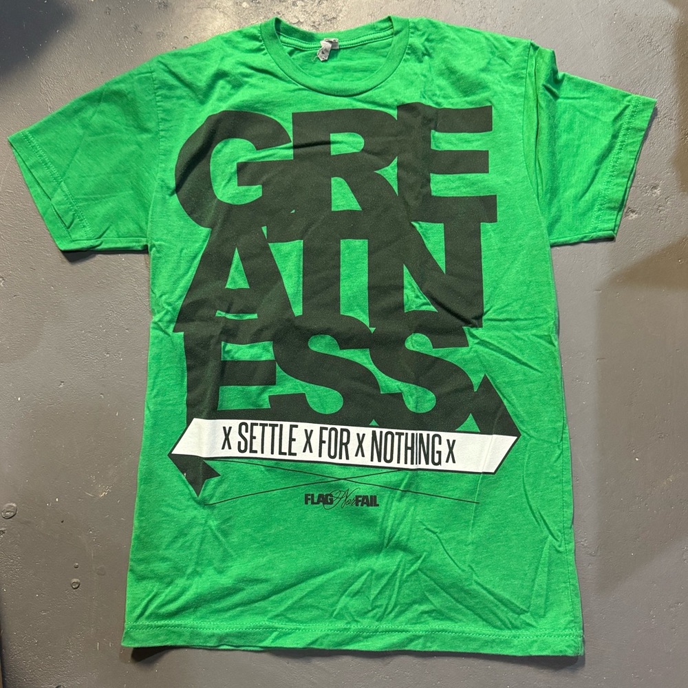 Greatness, SettleXForXNothing, back graphic, Flag Nor Fail Tee Sz small, green